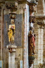 Religious stone carvings in the interior of St. Lorenz (St. Lawrence); a medieval church in the city of Nuremberg in southern Germany