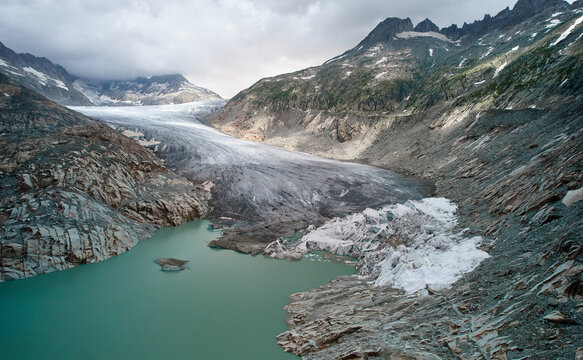 Aerial view, Alps glacier melt, retreat - effects of climate change