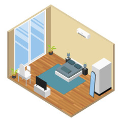 Isometric Adult Bedroom with Large Windows and TV