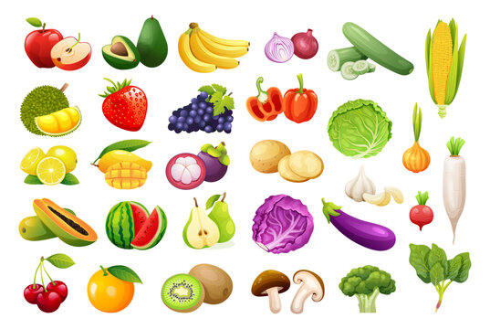 Vector set of fruits and vegetables in cartoon style. Healthy food illustration