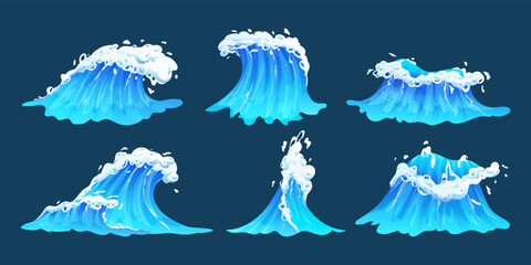 Cartoon sea waves collection. Set of blue ocean waves with white foam vector illustration