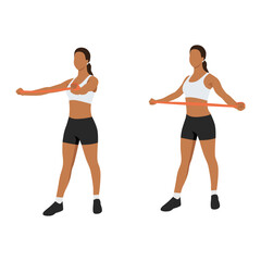 Woman doing reverse fly with long resistance band exercise. Flat vector illustration isolated on white background - obrazy, fototapety, plakaty