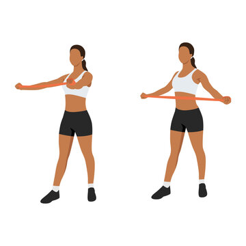 Woman doing reverse fly with long resistance band exercise. Flat vector illustration isolated on white background