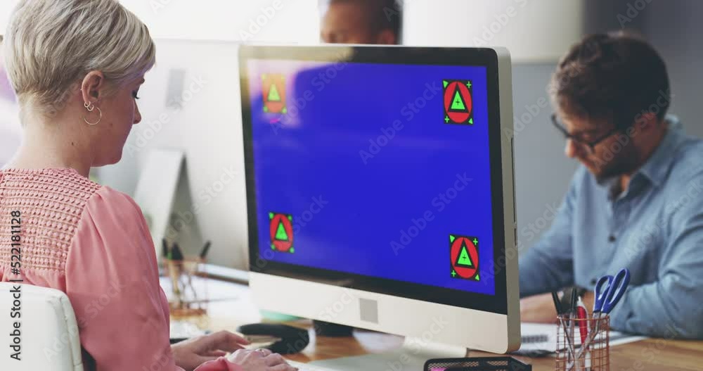 Aufkleber Blue screen, copyspace and chroma key on a computer screen with tracking markers and a female employee working or typing. Copy space for marketing, advertising and promotion in a creative office