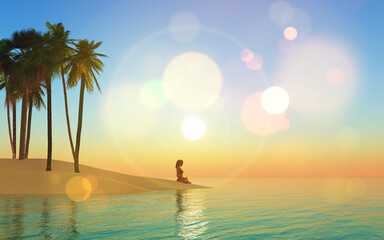 3D beach landscape at sunset with female in yoga position