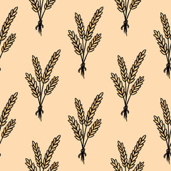 Cute cartoon wheat bundles doodles seamless border pattern. Grain vector repeatable background texture tile. Cozy template of stock print for wrapping design, wallpaper