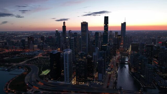 Chicago Downtown Sunset Beachfront Drone shot 