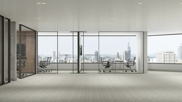 Build up mock up room of stop motion animation Working area in modern office with carpet floor and meeting room. with sun daylight and working table. with sky and town view. interior 3d rendering