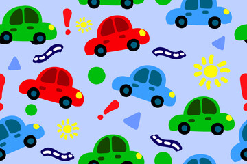 Cute car toy for boy seamless pattern. Kids hand drawn automobile on blue background. Doodle transport endless wallpaper