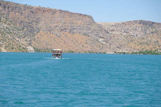 View of the river euphrates, boat tour in euphrates local name is Firat Nehri, in Halfeti, Sanliurfa.