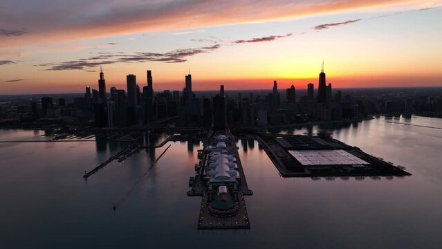 Downtown Chicago Sunset From Lake Aerial View 