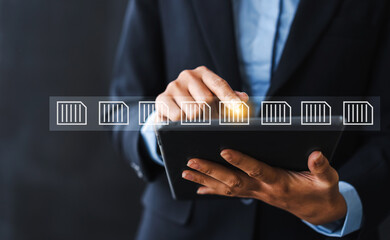 Close up business woman touching on files icon, online documentation database digital file storage system software records keeping database technology file access doc sharing.