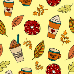Seamless cozy autumn pattern. Cup of tea or coffee, candle and leaves. Doodle colorful vector illustration. Wrapping or print for fabric, paper, cover.