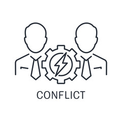 Two businessmen and a girl with lightning. Conflict management, interests. Vector linear icon isolated on white background.