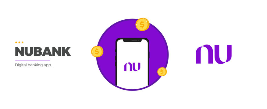 Mobile phone with Nubank digital bank with coins.