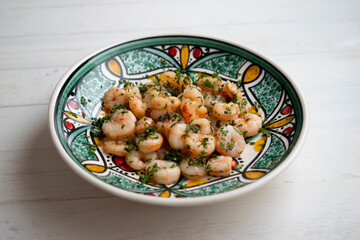 Tapa de gambas al ajillo. Prawns cooked with olive oil, garlic and hot pepper. Typical Spanish tapas.