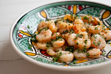 Tapa de gambas al ajillo. Prawns cooked with olive oil, garlic and hot pepper. Typical Spanish tapas.