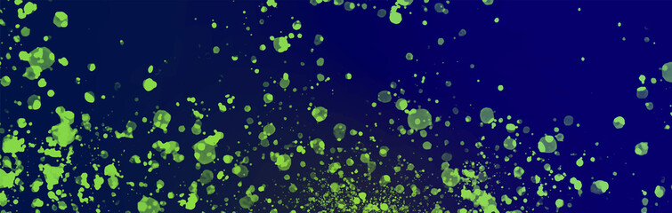 Splashes of green transparent paint on blue background. Banner art, abstract background, dripping texture, speckled green fluid.