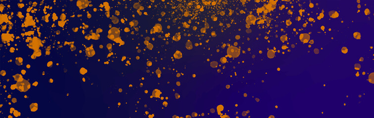 Fototapeta premium Splashes of orange transparent paint on bright purple gradient. Banner art, abstract background, dripping texture, speckled orange fluid.