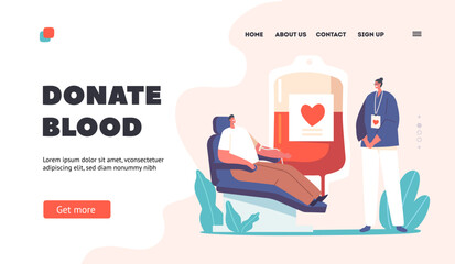 Blood Donation Landing Page Template. Lifeblood Transfusion Concept. Female Nurse Character Receiving Blood from Donor