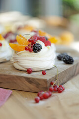 Dessert Pavlova. Delicious and beautiful breakfast. High quality photo
