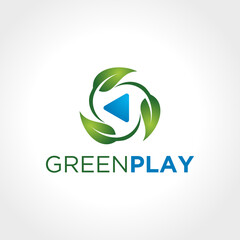 Green film logo design vector logo illustration. Play button with green leaf concept of nature