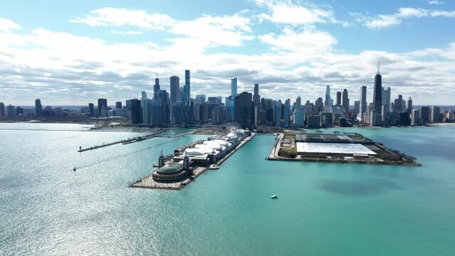 Chicago Skyline from Navy Pier Drone View 