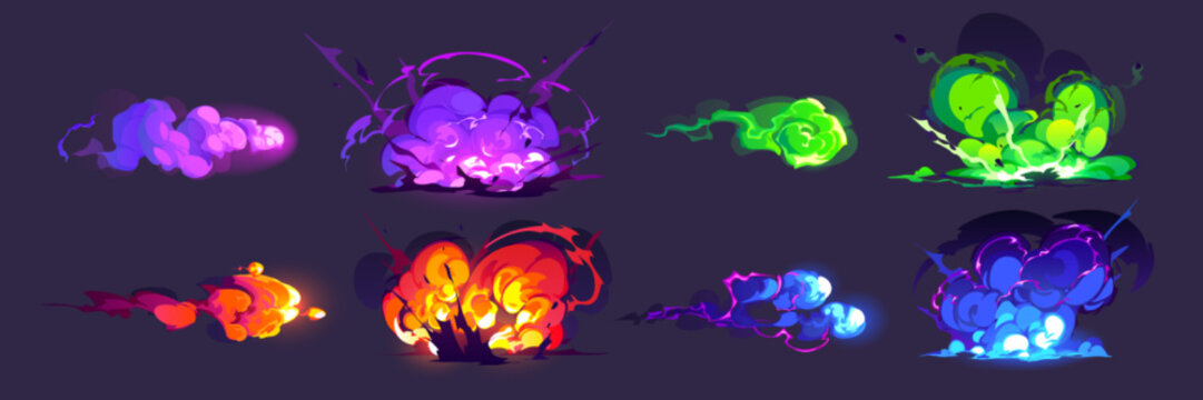 Magic explosion, game bomb boom effect with colorful clouds, smoke and fume. Fire blast, weapon shot. elemental magician spells purple, green, blue and red explode detonation, Cartoon vector set