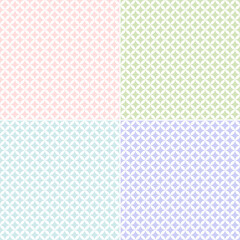 Seamless patterns of geometric shapes in different pastel colors on white. Four high resolution abstract backgrounds.