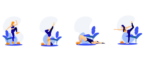 Sport exercise set. Woman doing workout Yoga and fitness, healthy lifestyle. Flat vector illustration