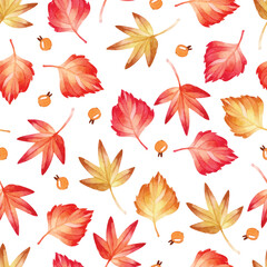 Red and yellow autumn leaves with berries watercolor seamless pattern 