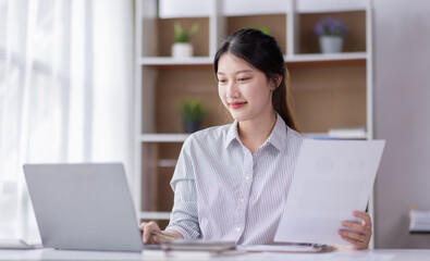 Business Documents, Auditor business Asian woman checking searching document legal prepare paperwork or report for analysis TAX accountant Documents data contract partner deal in the workplace office