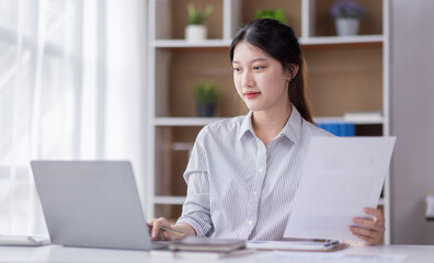 Business Documents, Auditor business Asian woman checking searching document legal prepare paperwork or report for analysis TAX accountant Documents data contract partner deal in the workplace office