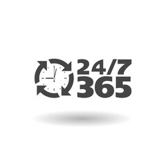 24 7 clock circle arrow for nonstop service icon with shadow