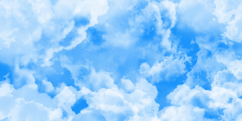 Blue skies with white clouds background. Romantic sky. Abstract nature background of romantic summer blue sky with fluffy clouds. Beautiful puffy clouds in bright blue sky in day sunlight.><