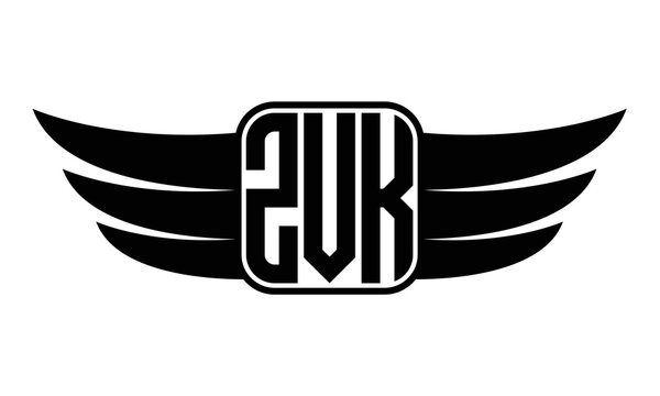 ZVK three-letter Wing black and white logo design. Vector template