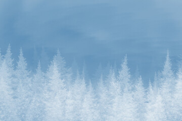 Watercolor background of a wild coniferous forest in the fog. A fir forest dissolving on the horizon. Blue sky. Suitable for greeting cards, flyers and posts © Irina Anoshkina