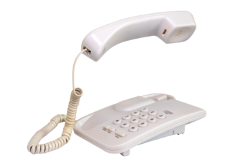 Old grey phone with the receiver raised in the air