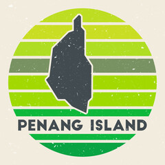 Penang Island logo. Sign with the map of island and colored stripes, vector illustration. Can be used as insignia, logotype, label, sticker or badge of the Penang Island.