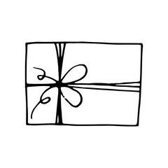 gift box with string and bow hand drawn in doodle style. illustration for holiday decor.