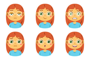 Collection of face expressions cute children cartoon character design. Different emotions girl Vector illustration. Face of smiling, crying, anger, surprise, indifferent isolated on white background.