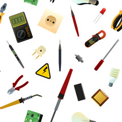 Tools for electrician. Repair of radio electronic and microprocessor equipment. Spare parts components and service. Isolated on white background. Seamless pattern. Vector