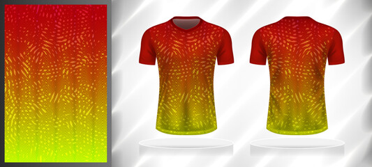 Vector sport pattern design template for V-neck T-shirt front and back with short sleeve view mockup. Red-yellow color gradient abstract line texture background illustration. © WK Dannait B