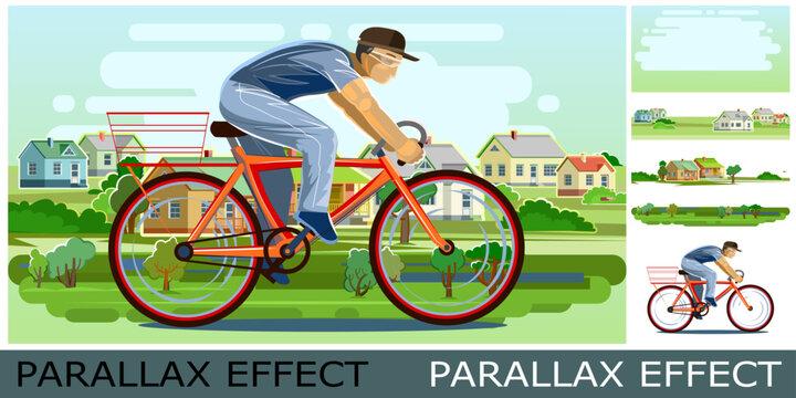Old man rides bicycle. Urban sports. Image from layers for overlay with parallax effect. Fitness and healthy lifestyle. Flat cartoon style. Cycling in old age. Countryside. Illustration Vector.