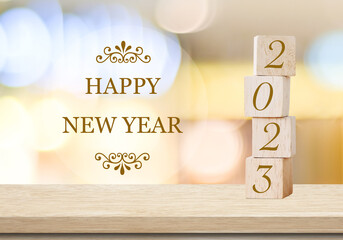 Happy New Year 2023 on blur abstract bokeh background, new year greeting card, banner