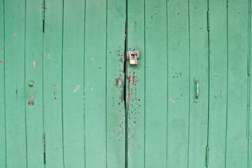 Dark bright lemonade lime green wooden old door with a metalic h