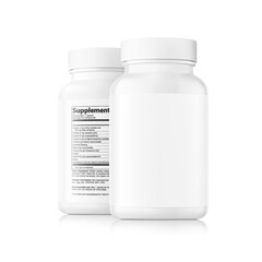 White bottle mockup. Front and rear view with sample text. Vector illustration isolated on white background. Perfect for medical, cosmetic, pharmacy products. EPS10.	