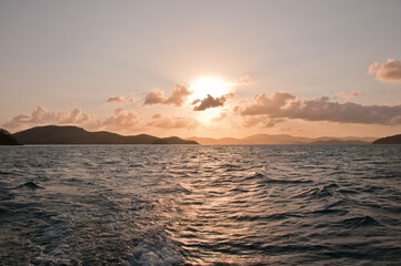 Sunset scene of peaceful serene mountain island in the Pacific Ocean of Hamilton Island in Queensland Australia