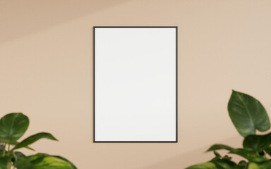Clean and minimalist front view vertical black photo or poster frame mockup hanging on the wall with blurry plant. 3d rendering.