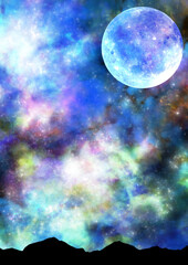 Obraz na płótnie Canvas 色とりどりの銀河と山と月のイラスト